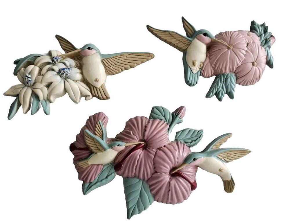 Vintage Burwood Hummingbirds With Flowers Wall Hangings Homco 80s 90s Bird